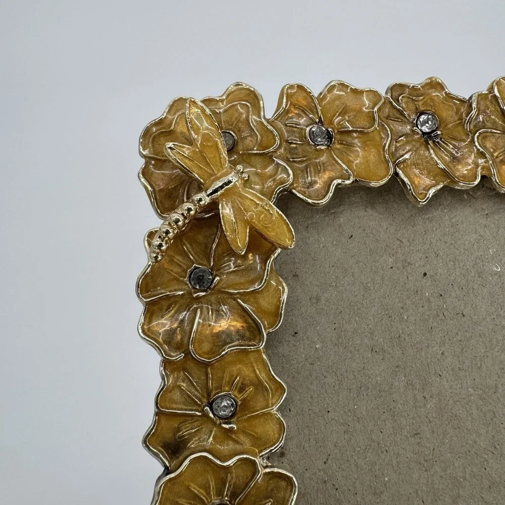 4x6 Gold Floral‎ Frame Enameled Flower Rhinestone Dragonfly Vintage Aesthetic